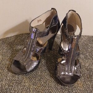 Michael Kors Sequin Silver Berkley T Strap Heels Size 9